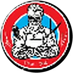 Logo da Queiroz Barber Shop: barbeiro no selo vermelho e azul